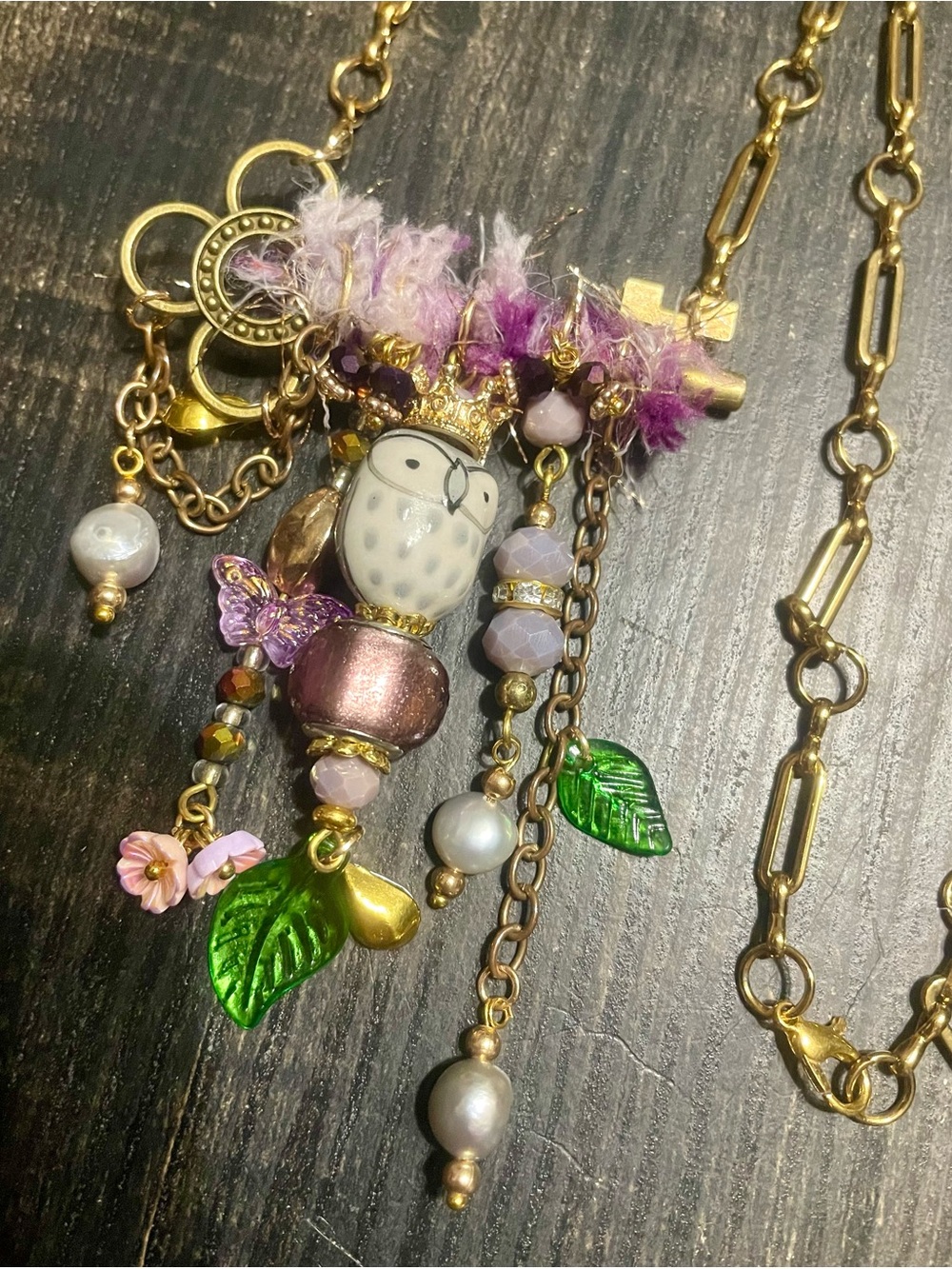 Mixed Media Golden Key Necklace with Assorted Charms